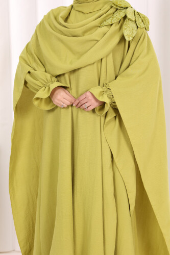Çiçek Detaylı Elbise Abaya Takım 8009 Yağ Yeşili - 6