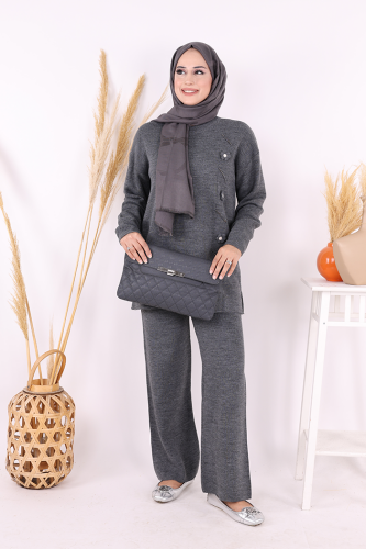 Çiçek Detaylı Triko Takım 1620 Antrasit - Bym Fashion