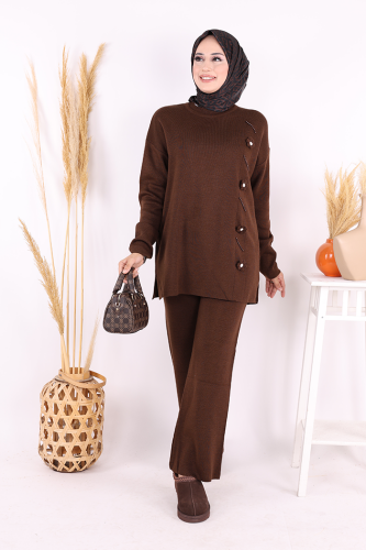 Çiçek Detaylı Triko Takım 1620 Kahverengi - Bym Fashion