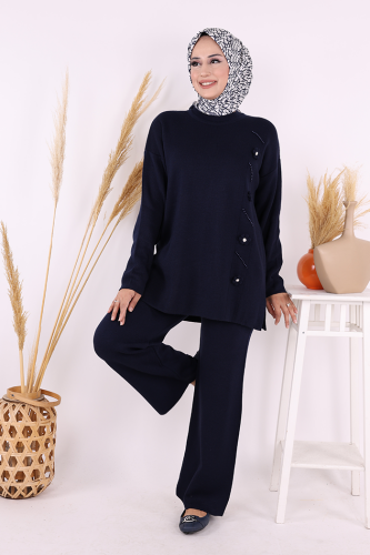 Çiçek Detaylı Triko Takım 1620 Lacivert - Bym Fashion