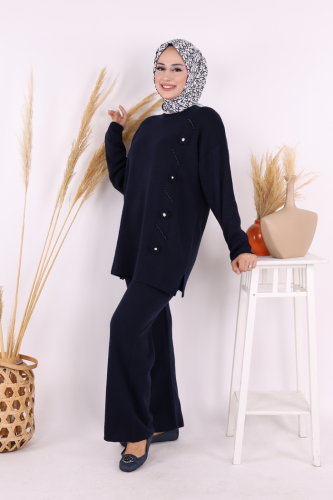 Çiçek Detaylı Triko Takım 1620 Lacivert - 2