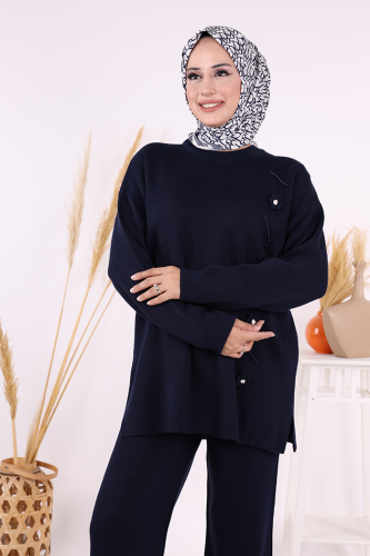Çiçek Detaylı Triko Takım 1620 Lacivert - 4