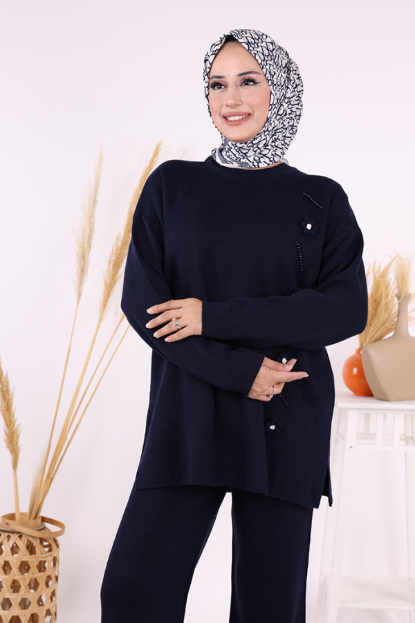 Çiçek Detaylı Triko Takım 1620 Lacivert - 4