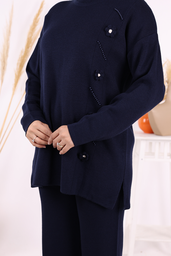 Çiçek Detaylı Triko Takım 1620 Lacivert - 5