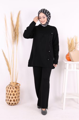 Çiçek Detaylı Triko Takım 1620 Siyah - Bym Fashion