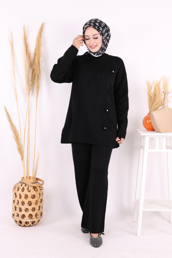 Çiçek Detaylı Triko Takım 1620 Siyah - 1