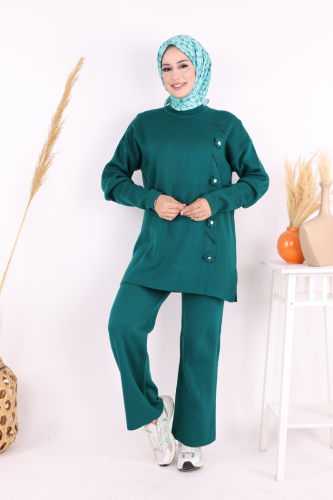 Çiçek Detaylı Triko Takım 1620 Zümrüt 