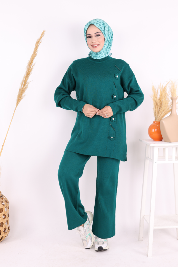 Çiçek Detaylı Triko Takım 1620 Zümrüt - 1