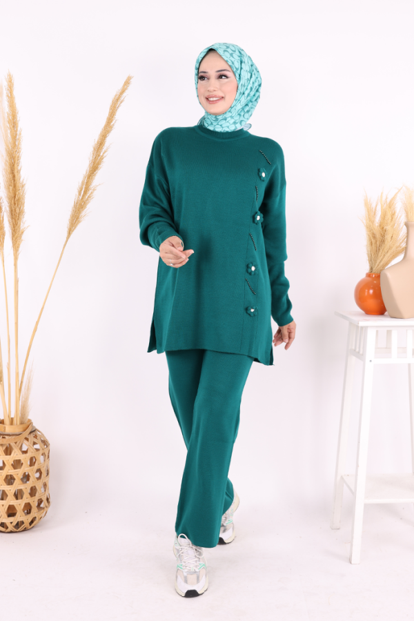 Çiçek Detaylı Triko Takım 1620 Zümrüt - 2