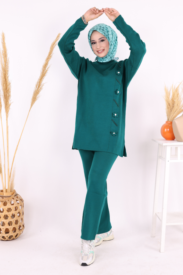 Çiçek Detaylı Triko Takım 1620 Zümrüt - 3