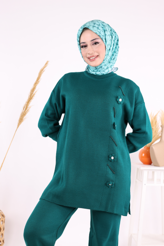 Çiçek Detaylı Triko Takım 1620 Zümrüt - 5