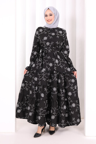 Çiçekli Nakışlı Elbise 6091 Ekru