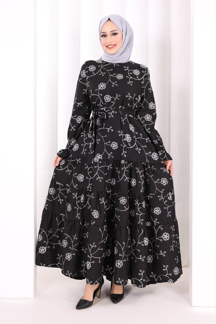 Çiçekli Nakışlı Elbise 6091 Ekru - 1