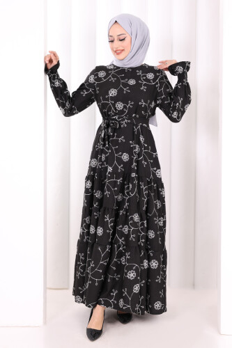 Çiçekli Nakışlı Elbise 6091 Ekru - 2