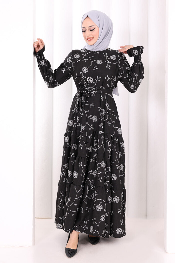 Çiçekli Nakışlı Elbise 6091 Ekru - 2