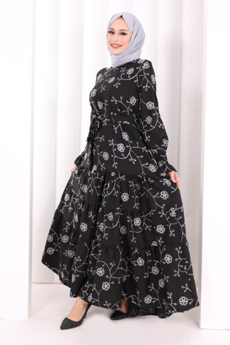 Çiçekli Nakışlı Elbise 6091 Ekru - 3