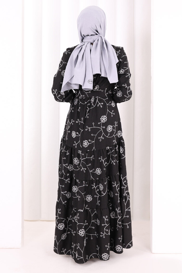 Çiçekli Nakışlı Elbise 6091 Ekru - 4