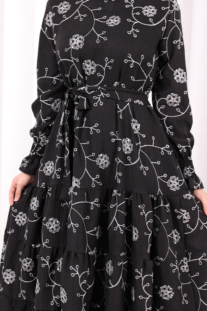 Çiçekli Nakışlı Elbise 6091 Ekru - 6