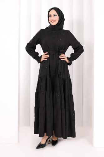 Çiçekli Nakışlı Elbise 6091 Siyah - 2