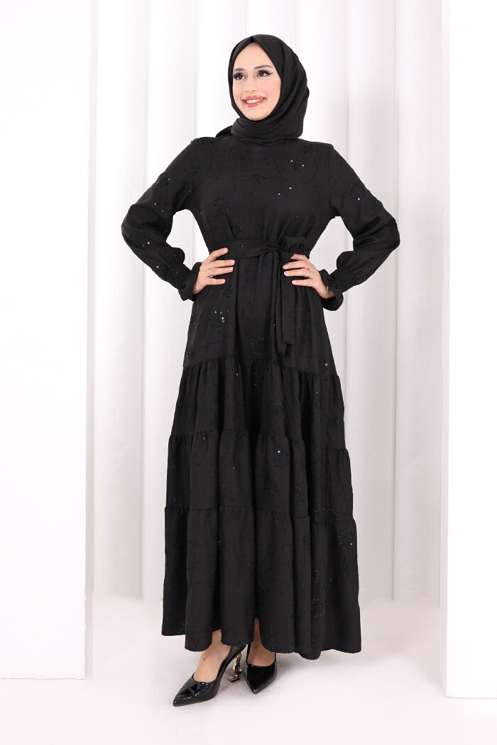 Çiçekli Nakışlı Elbise 6091 Siyah - 2