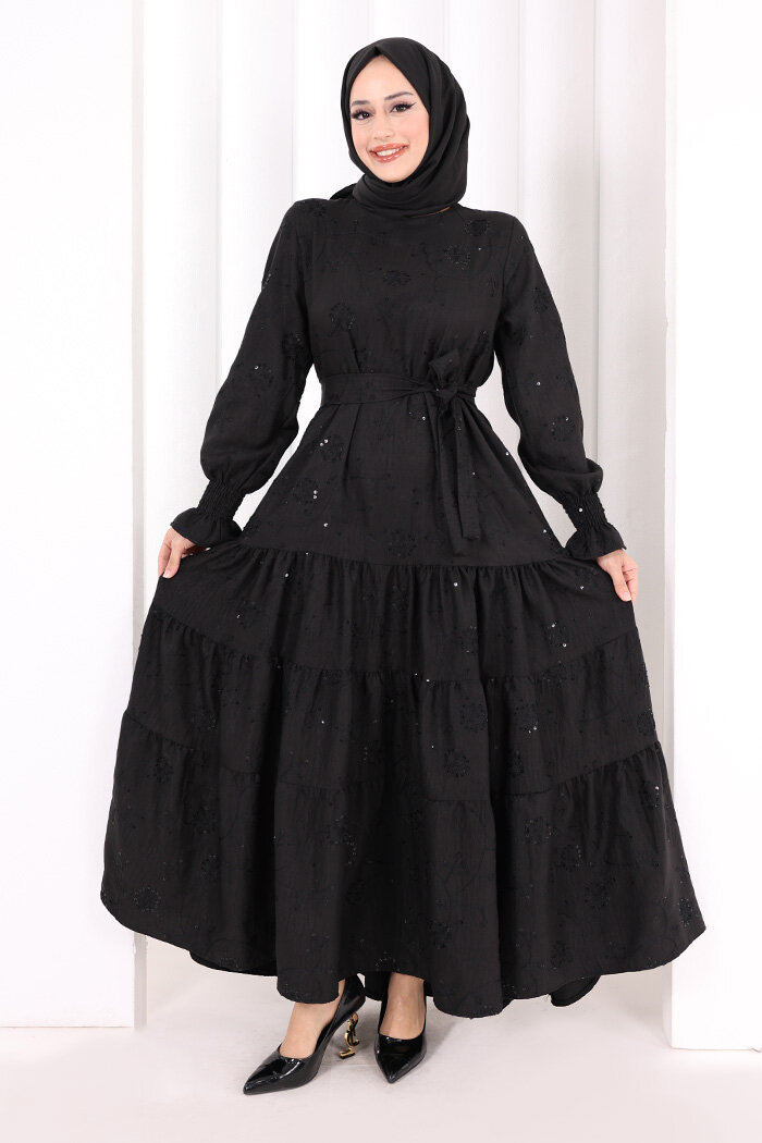 Çiçekli Nakışlı Elbise 6091 Siyah - 3