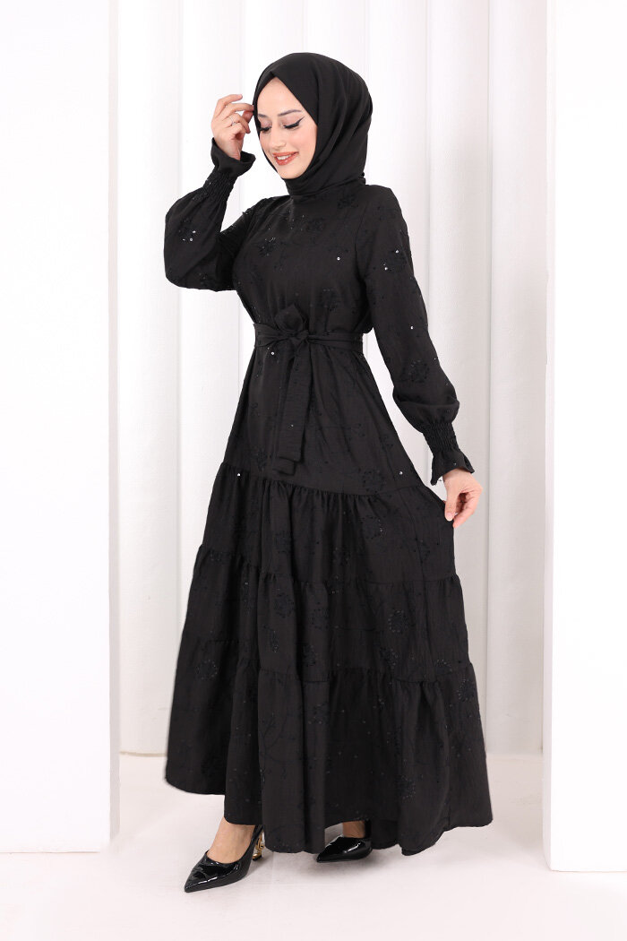 Çiçekli Nakışlı Elbise 6091 Siyah - 4