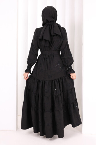 Çiçekli Nakışlı Elbise 6091 Siyah - 5