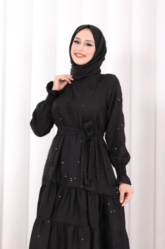 Çiçekli Nakışlı Elbise 6091 Siyah - 6