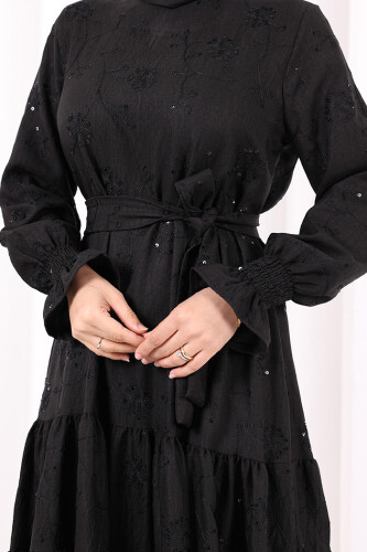 Çiçekli Nakışlı Elbise 6091 Siyah - 7