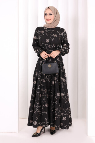 Çiçekli Nakışlı Elbise 6091 Vizon