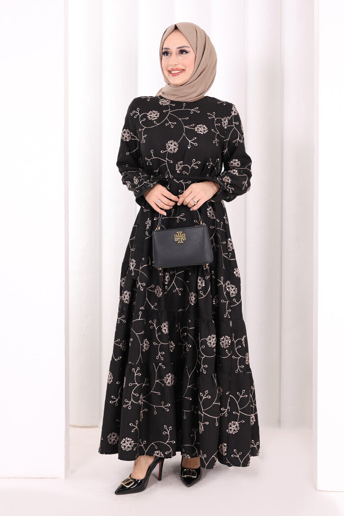 Çiçekli Nakışlı Elbise 6091 Vizon - 1