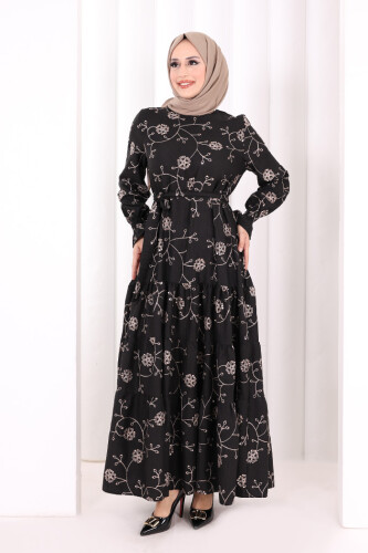 Çiçekli Nakışlı Elbise 6091 Vizon - 2