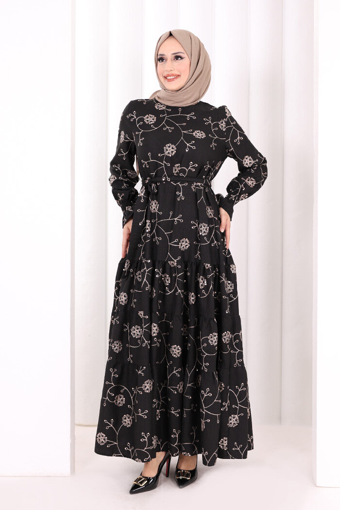 Çiçekli Nakışlı Elbise 6091 Vizon - 2