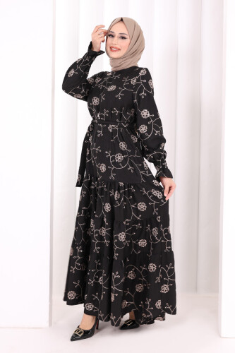 Çiçekli Nakışlı Elbise 6091 Vizon - 4