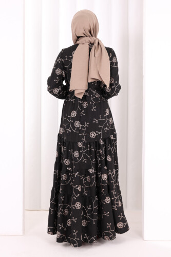 Çiçekli Nakışlı Elbise 6091 Vizon - 5