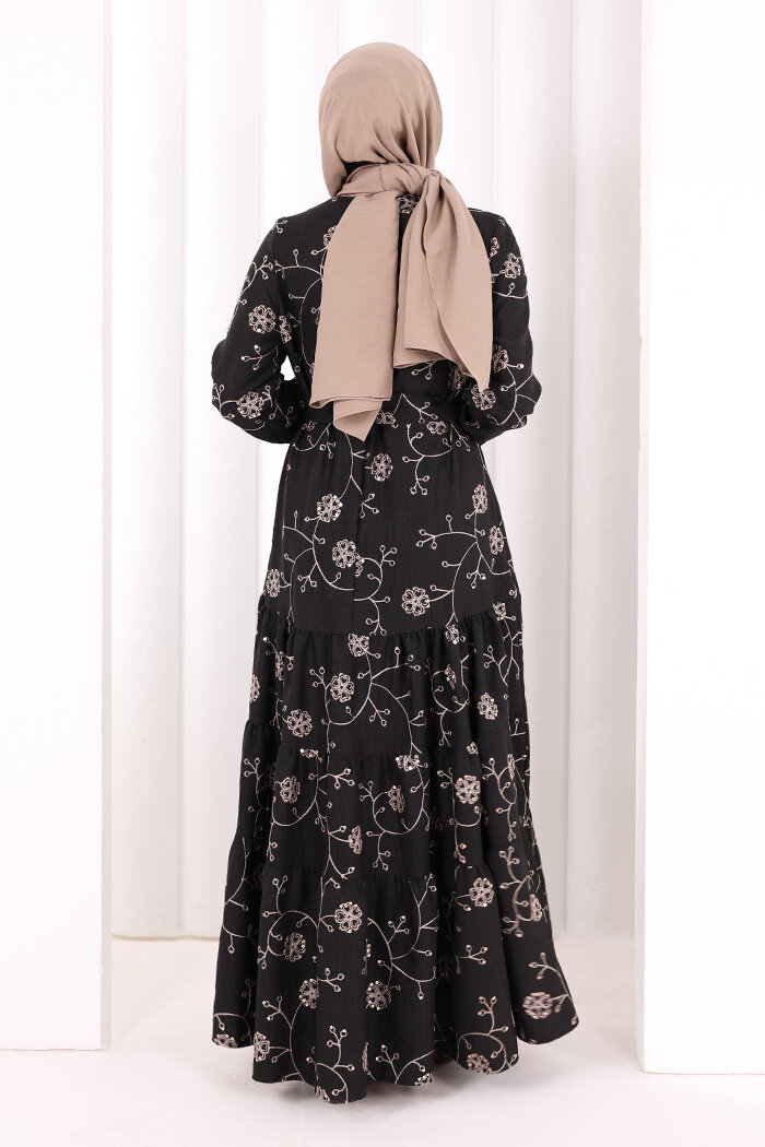 Çiçekli Nakışlı Elbise 6091 Vizon - 5