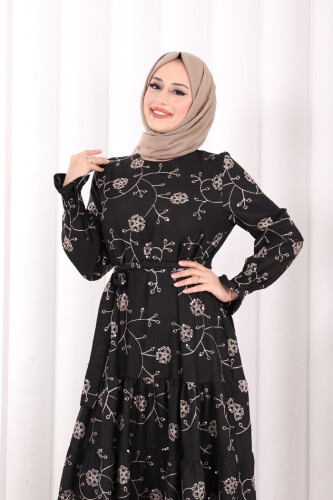 Çiçekli Nakışlı Elbise 6091 Vizon - 6