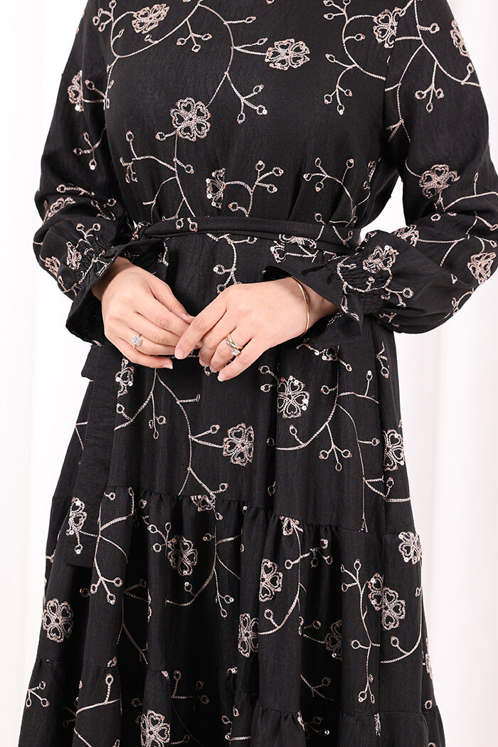 Çiçekli Nakışlı Elbise 6091 Vizon - 7