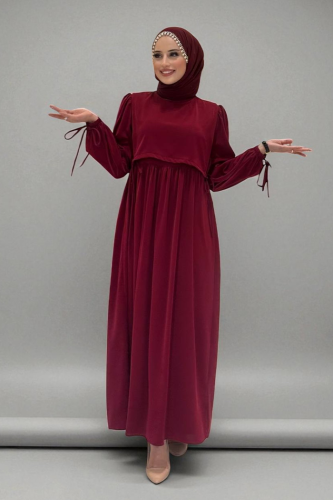 Çift Katlı Bağlama Detay Elbise 6003 Bordo - Bym Fashion