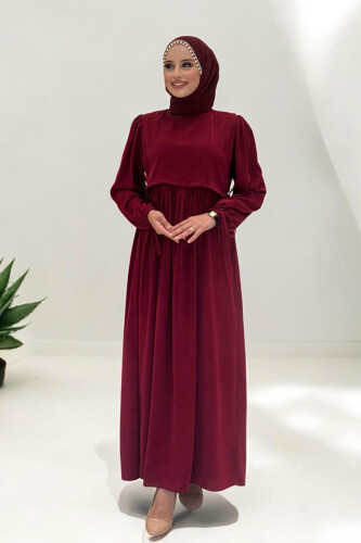 Çift Katlı Bağlama Detay Elbise 6003 Bordo 