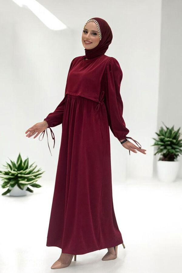 Çift Katlı Bağlama Detay Elbise 6003 Bordo - 3