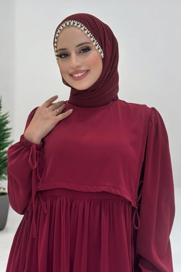 Çift Katlı Bağlama Detay Elbise 6003 Bordo - 4