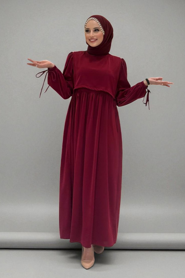 Çift Katlı Bağlama Detay Elbise 6003 Bordo - 1