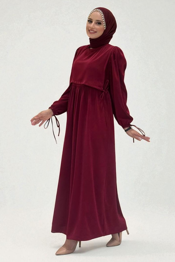 Çift Katlı Bağlama Detay Elbise 6003 Bordo - 3