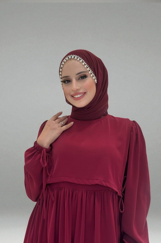 Çift Katlı Bağlama Detay Elbise 6003 Bordo - 4
