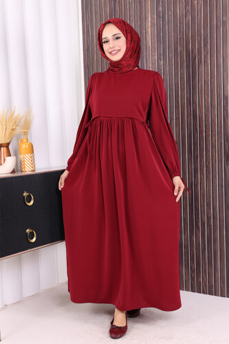 Çift Katlı Bağlama Detay Elbise 6003 Bordo - 1