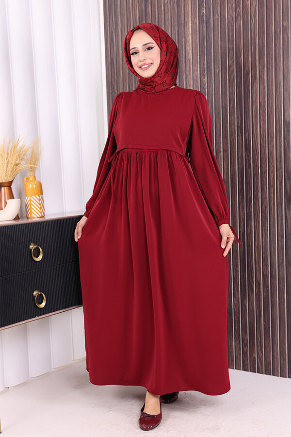 Çift Katlı Bağlama Detay Elbise 6003 Bordo - 1