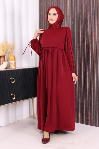 Çift Katlı Bağlama Detay Elbise 6003 Bordo - 2