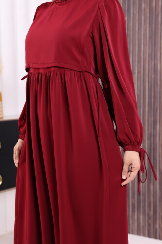 Çift Katlı Bağlama Detay Elbise 6003 Bordo - 5