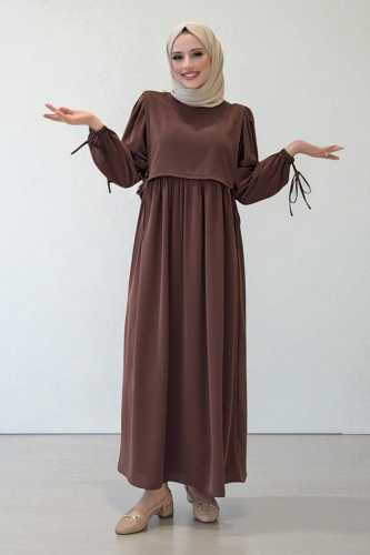 Çift Katlı Bağlama Detay Elbise 6003 Kahverengi - Bym Fashion